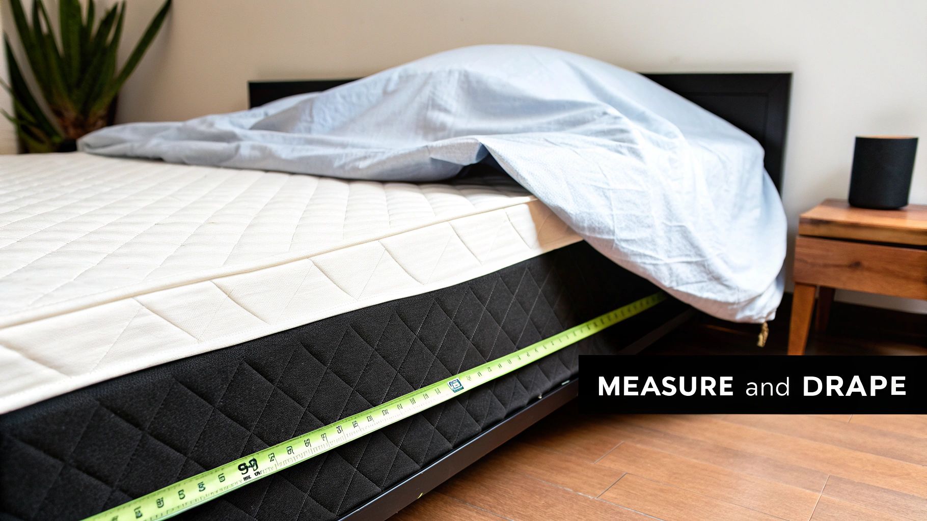 A bed with a white mattress, a blue sheet draped, and a measuring tape along the side.