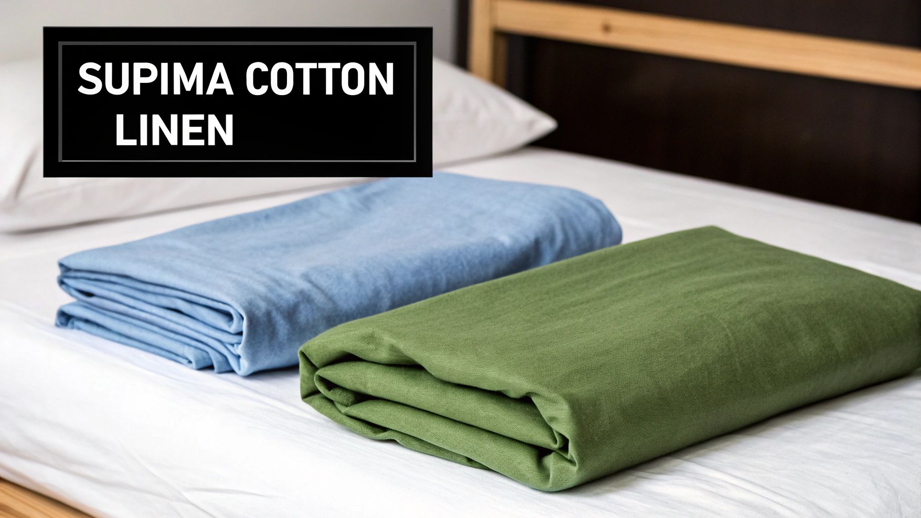 Two folded Supima cotton linen textiles, one blue and one green, on a white bed.
