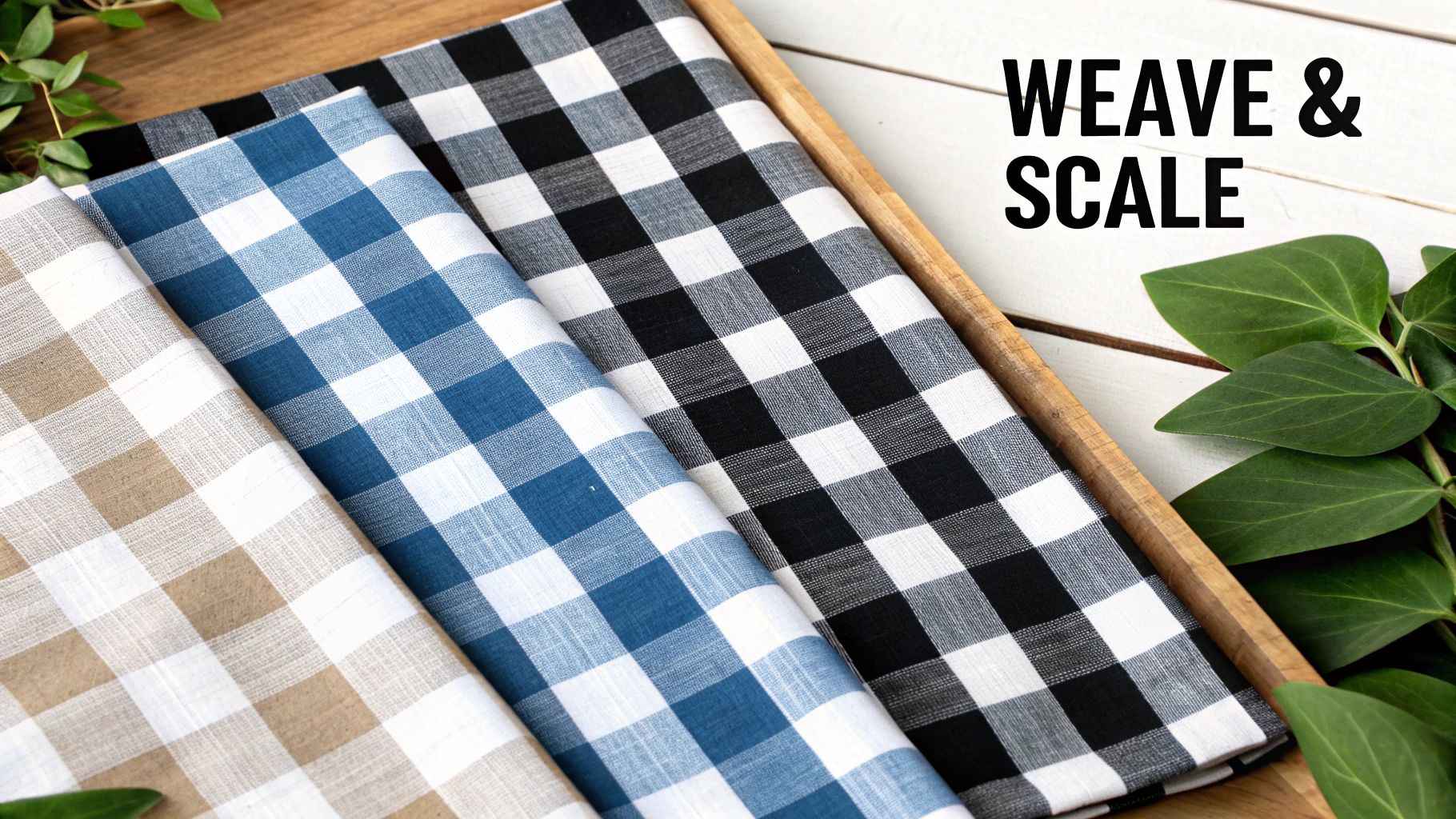 Three folded gingham fabrics in beige, blue, and black with white, displayed in a wooden tray.