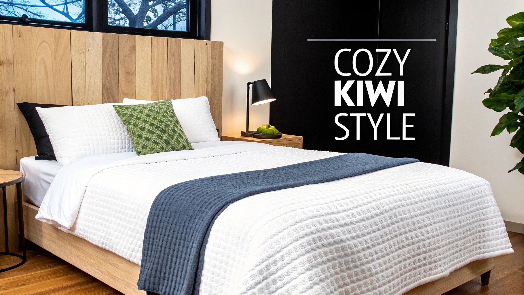 A beautifully styled bed with a white waffle duvet cover, layered with soft throws and pillows.