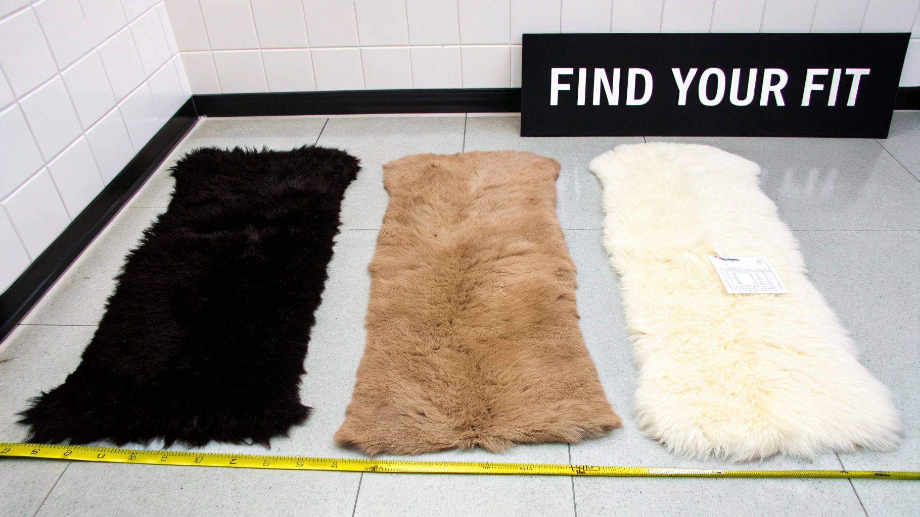 Three plush sheepskin rugs in black, brown, and white are displayed on a tiled floor with a measuring tape and a 'FIND YOUR FIT' sign.