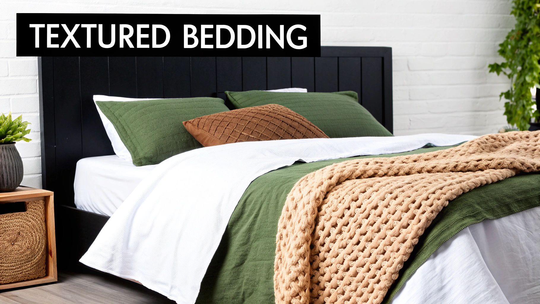 A beautifully styled bed featuring a neutral-toned waffle duvet cover, layered with pillows and a throw.