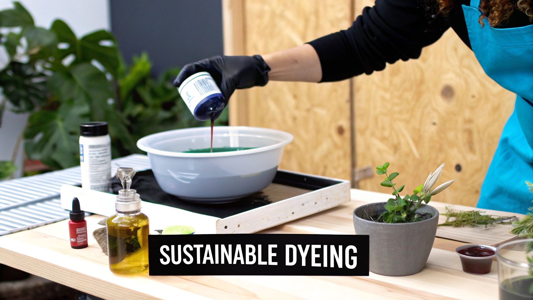 Person in black gloves pouring natural dye into a bowl for sustainable fabric dyeing.