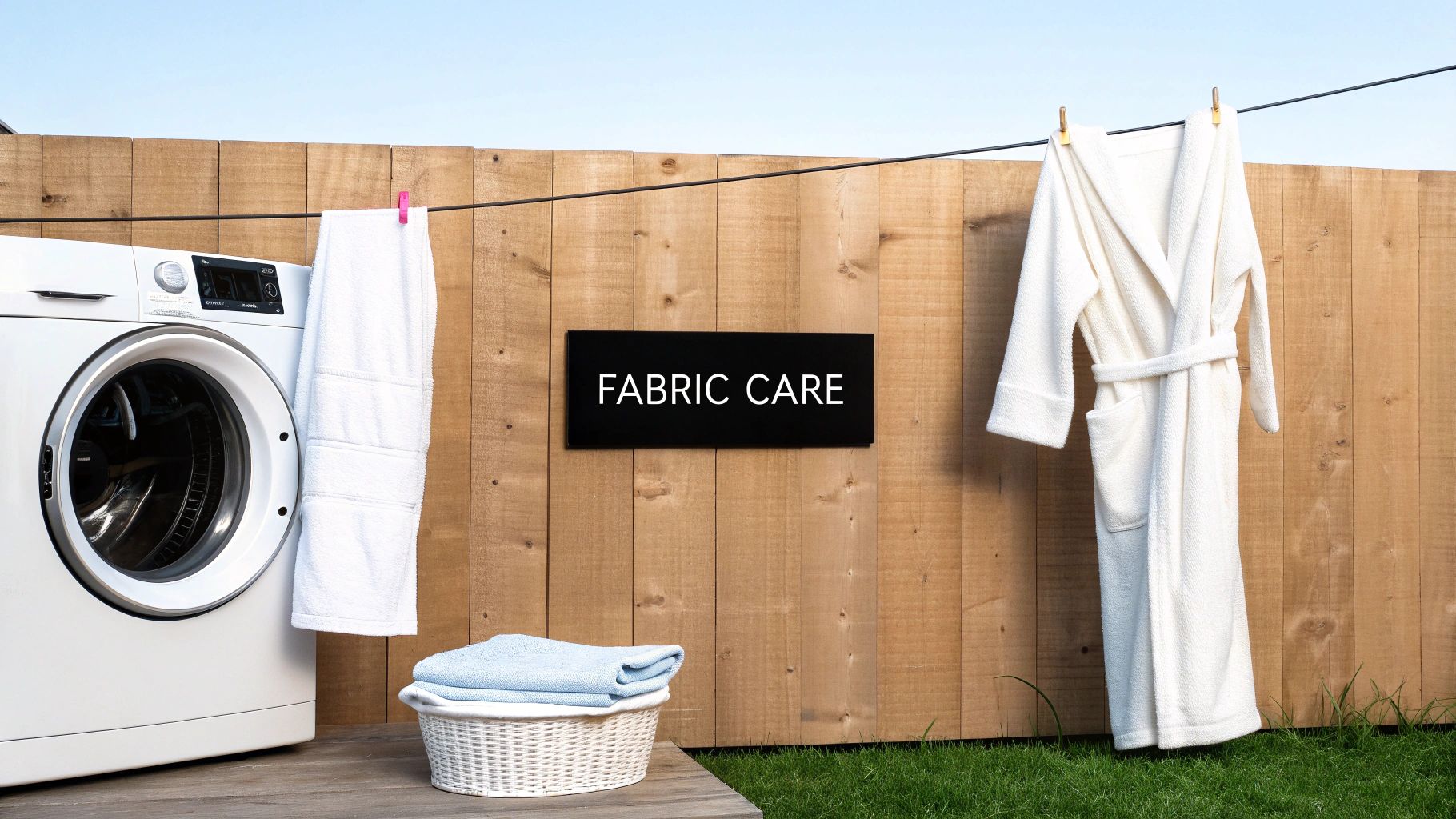 Outdoor laundry scene with washing machine, towels, and bathrobe hanging on a clothesline.