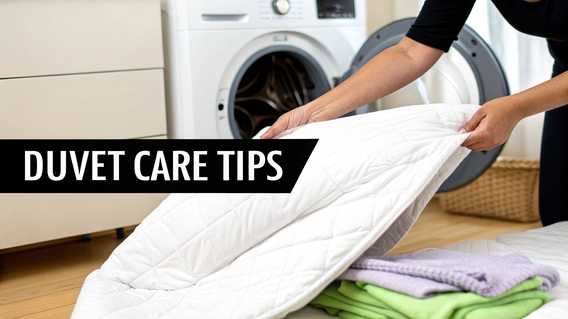 A person fluffing a clean duvet on a bed