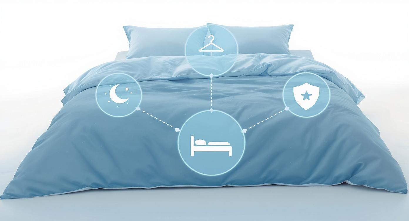 Light blue duvet cover on a bed with icons representing sleep, protection, and care.