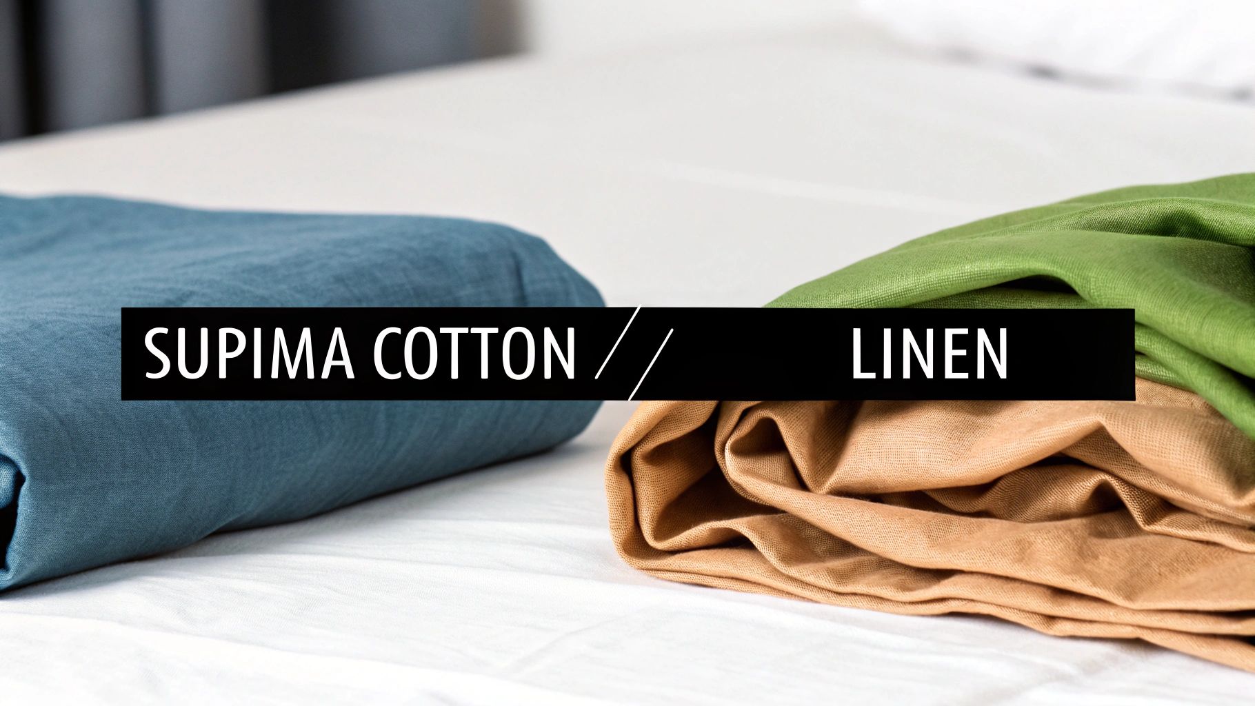 Folded Supima cotton fabric in blue and linen fabrics in green and tan on a white surface, showcasing different material types.