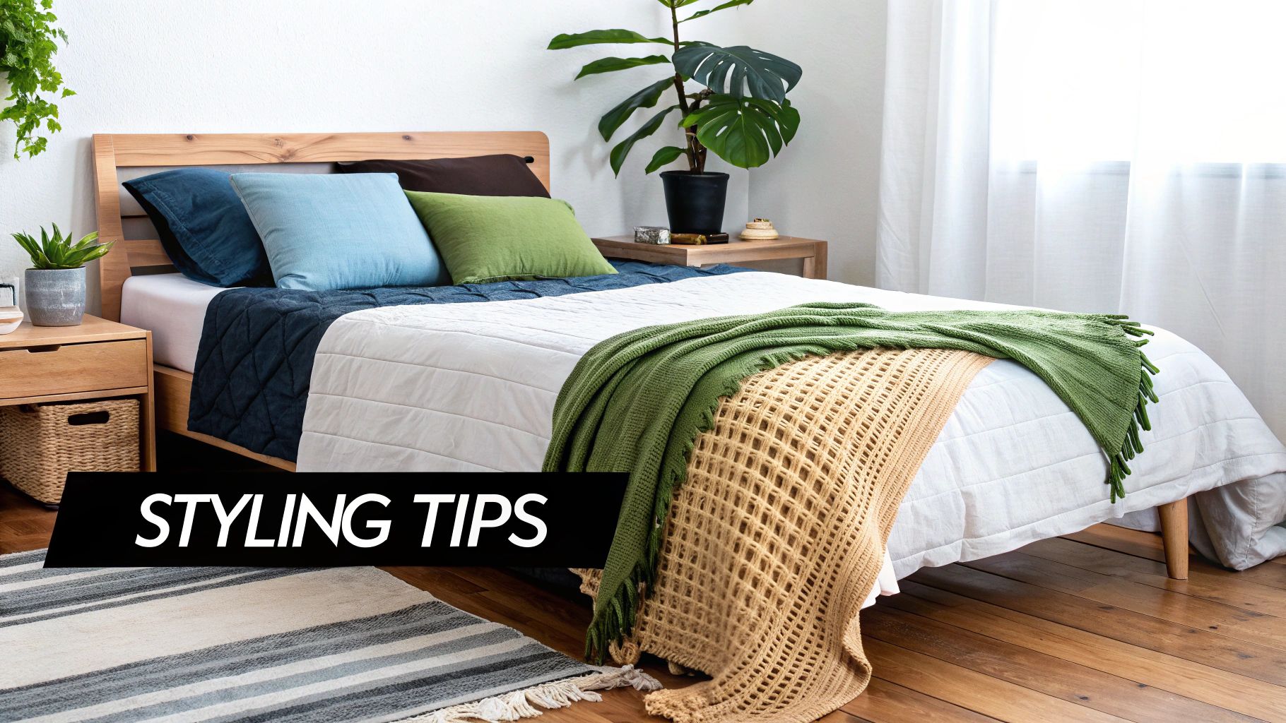 A beautifully styled bed with a white waffle duvet cover and layered pillows.