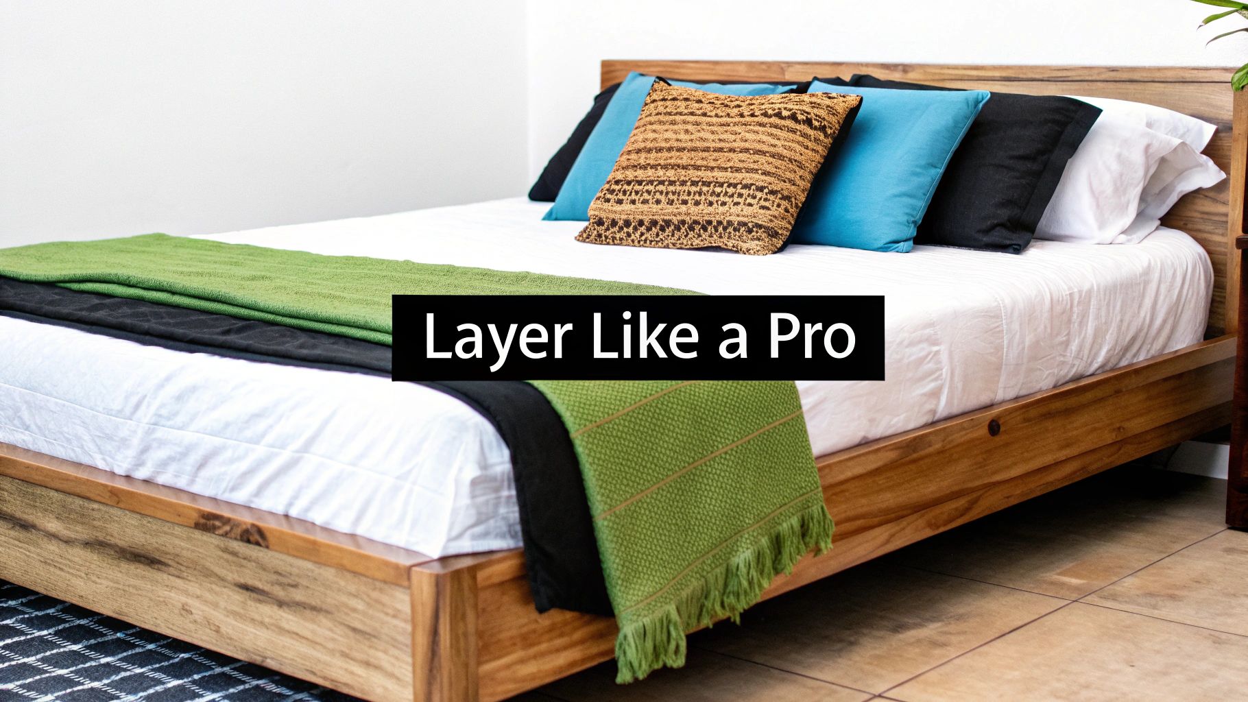 A stylish bed featuring layered white sheets, black and green blankets, and colorful pillows. Text says 'Layer Like a Pro'.