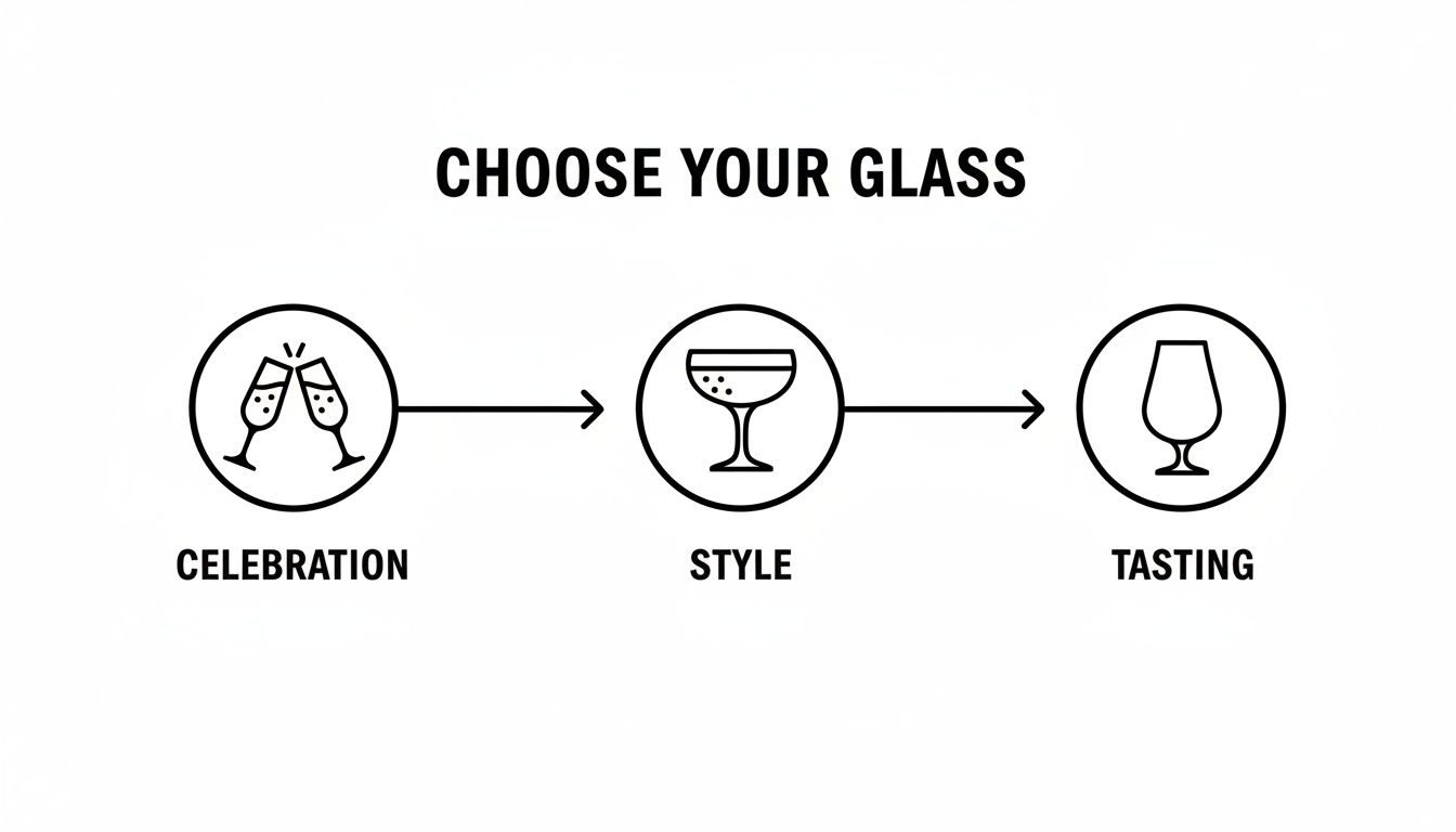 Diagram illustrating different glass types for celebration, style, and tasting purposes.