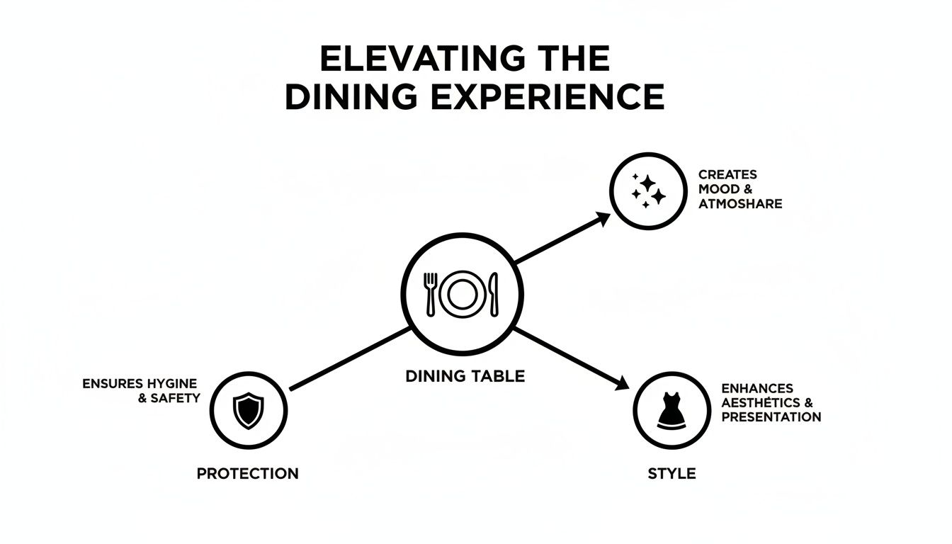A diagram illustrating how dining tables enhance the dining experience through protection, mood, and style.