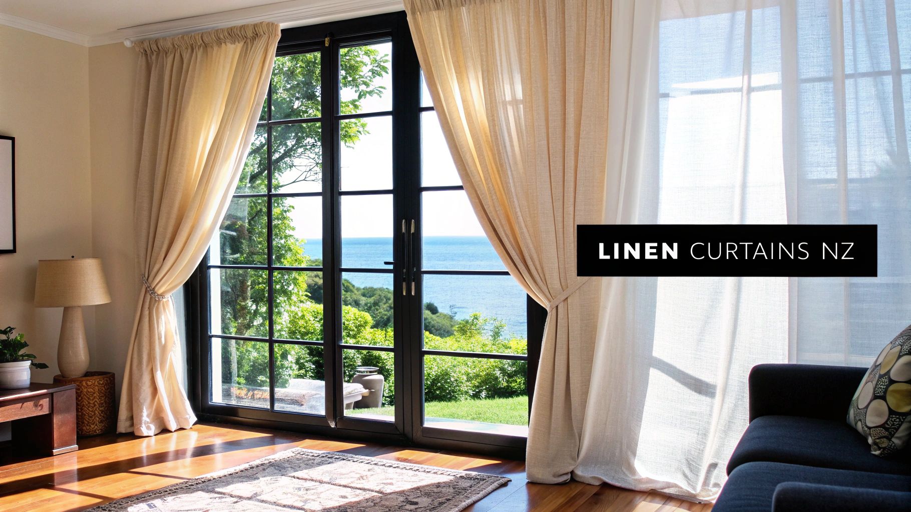 Woman hanging natural-coloured linen curtains in a bright, sunlit room.
