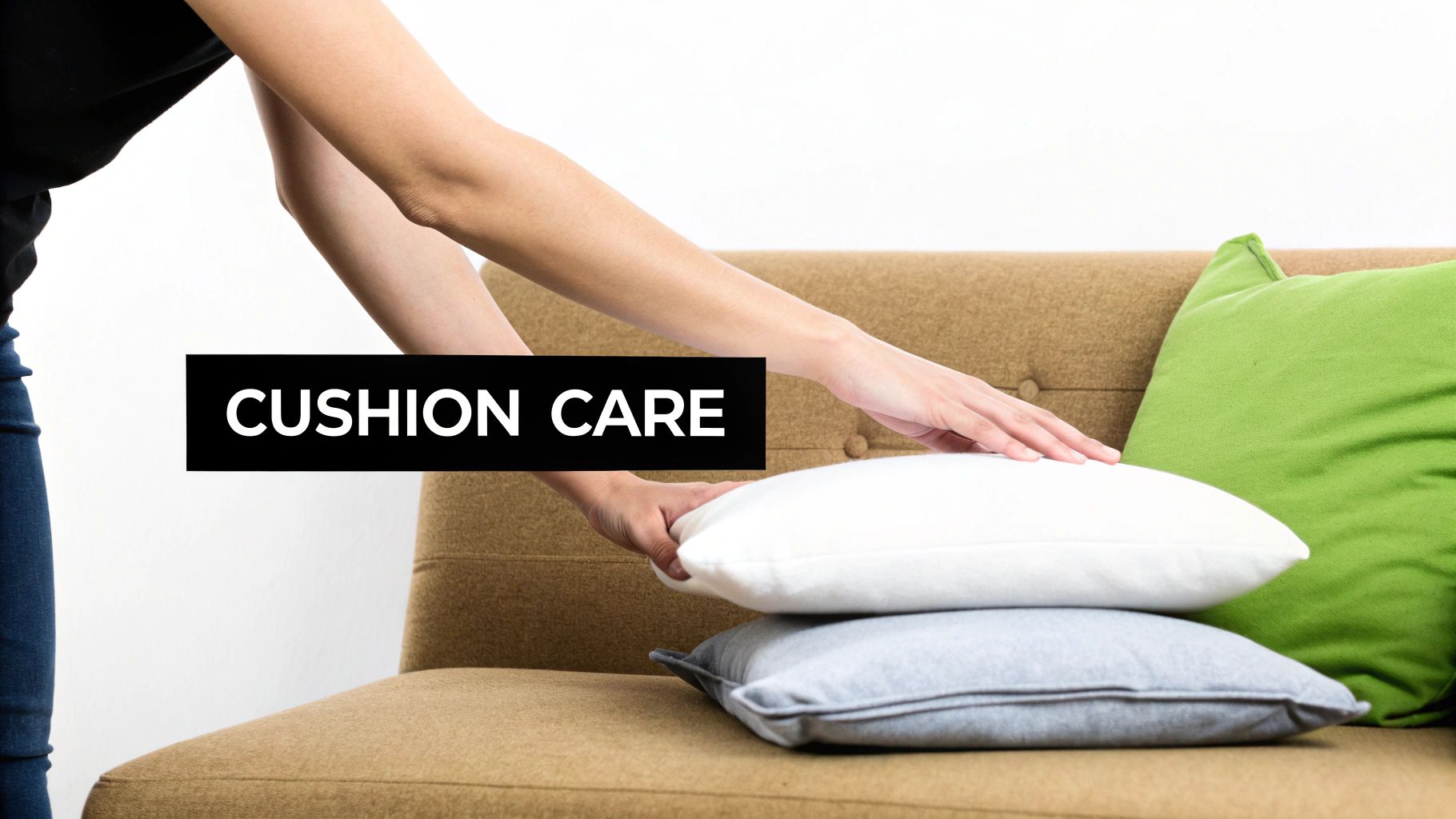 A hand fluffing and cleaning a light-coloured couch cushion