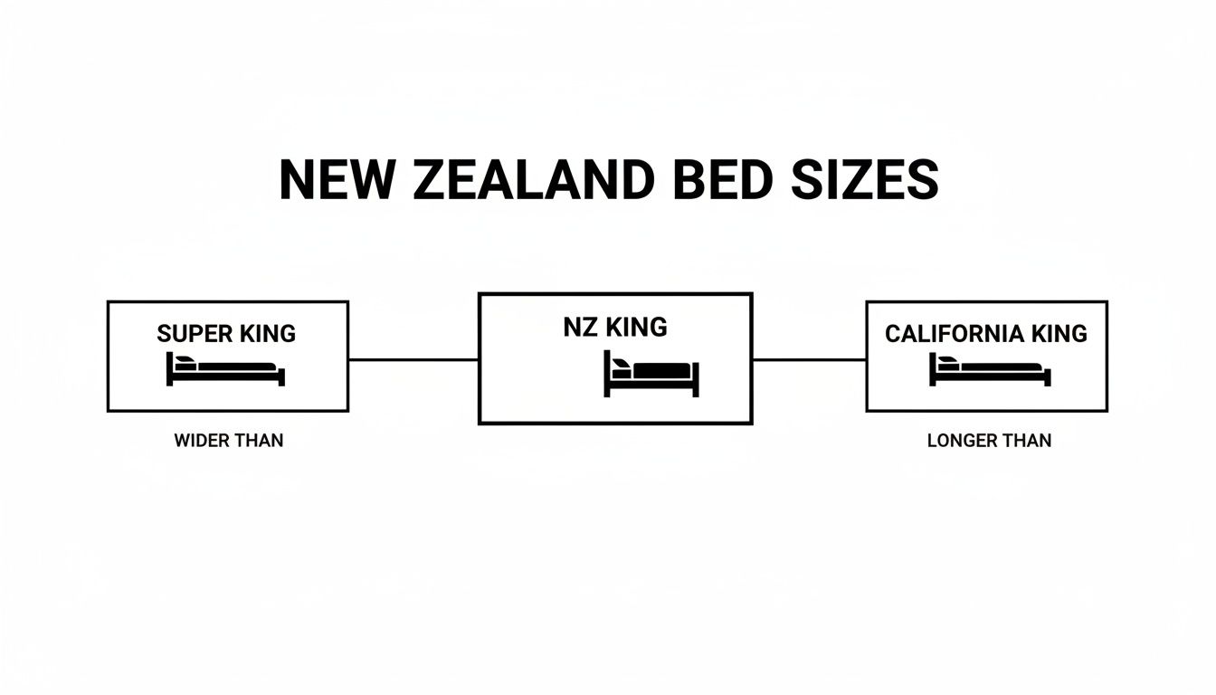 Diagram comparing New Zealand bed sizes: Super King is wider than NZ King, and California King is longer than NZ King.