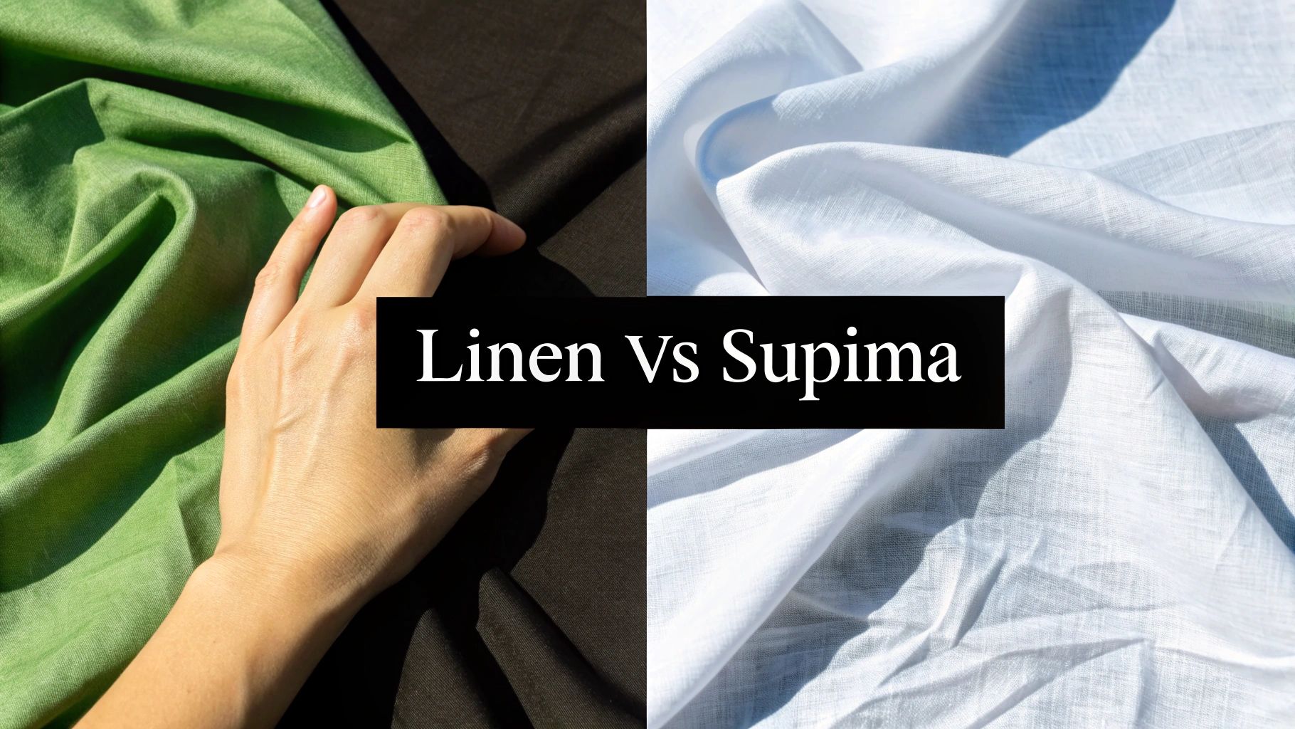 A split image comparing green linen fabric on the left with a hand, and white Supima fabric on the right.