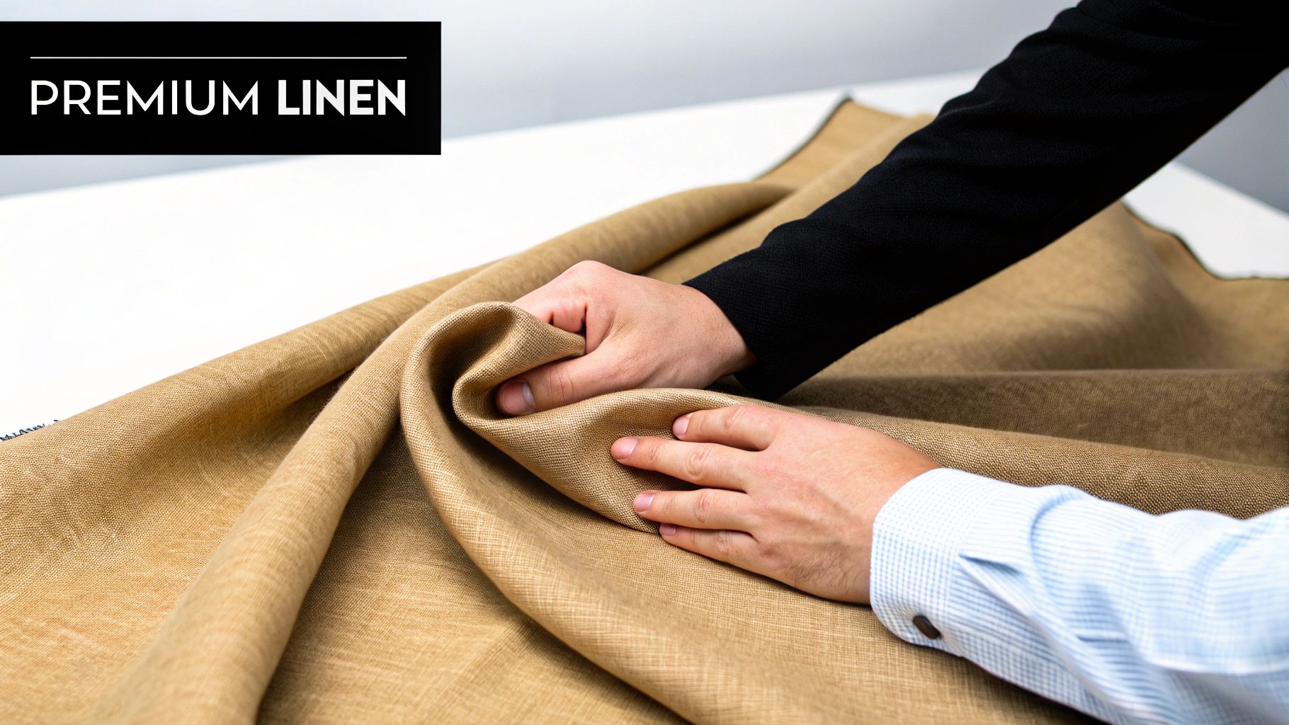 Two hands touching and inspecting premium light brown linen fabric on a white surface.