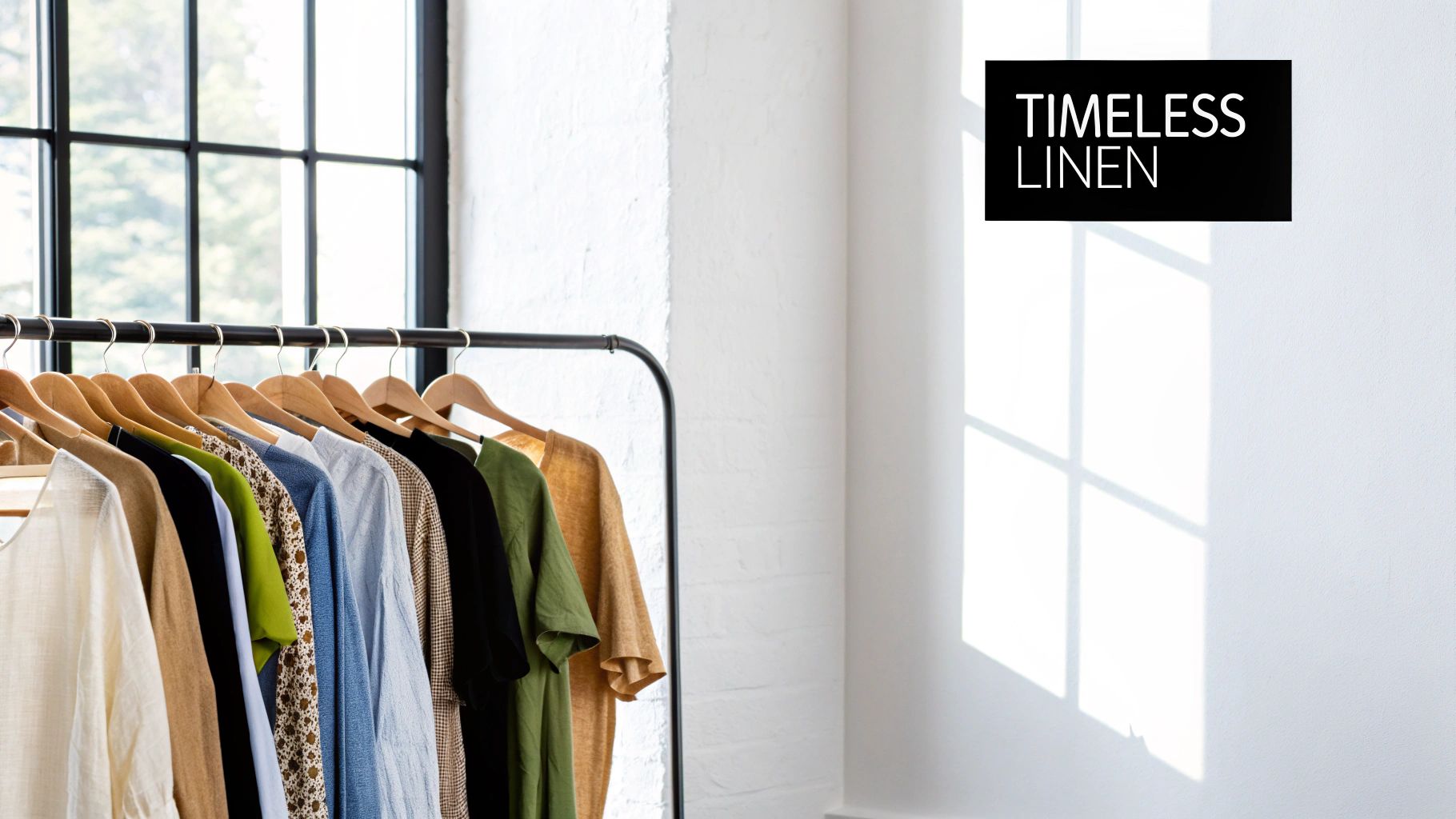 A black clothing rack filled with various linen garments in natural tones in a brightly lit room.