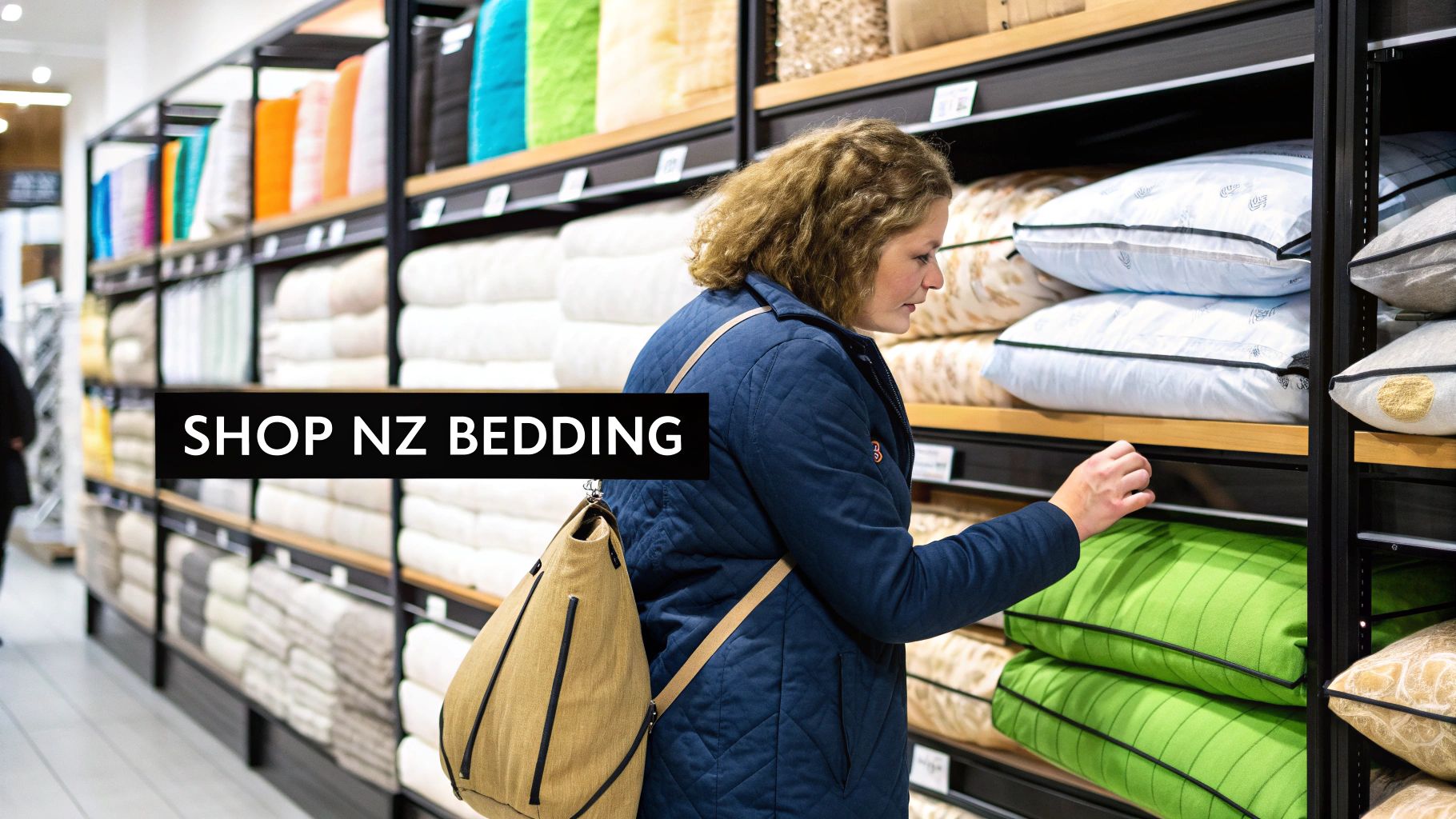 A person shopping for bedding, feeling the texture of a waffle duvet cover.