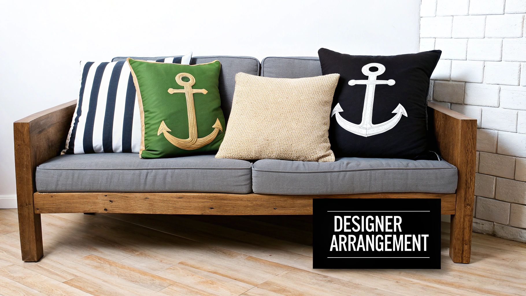 A stylish wooden sofa with grey cushions adorned by four nautical-themed decorative anchor pillows.
