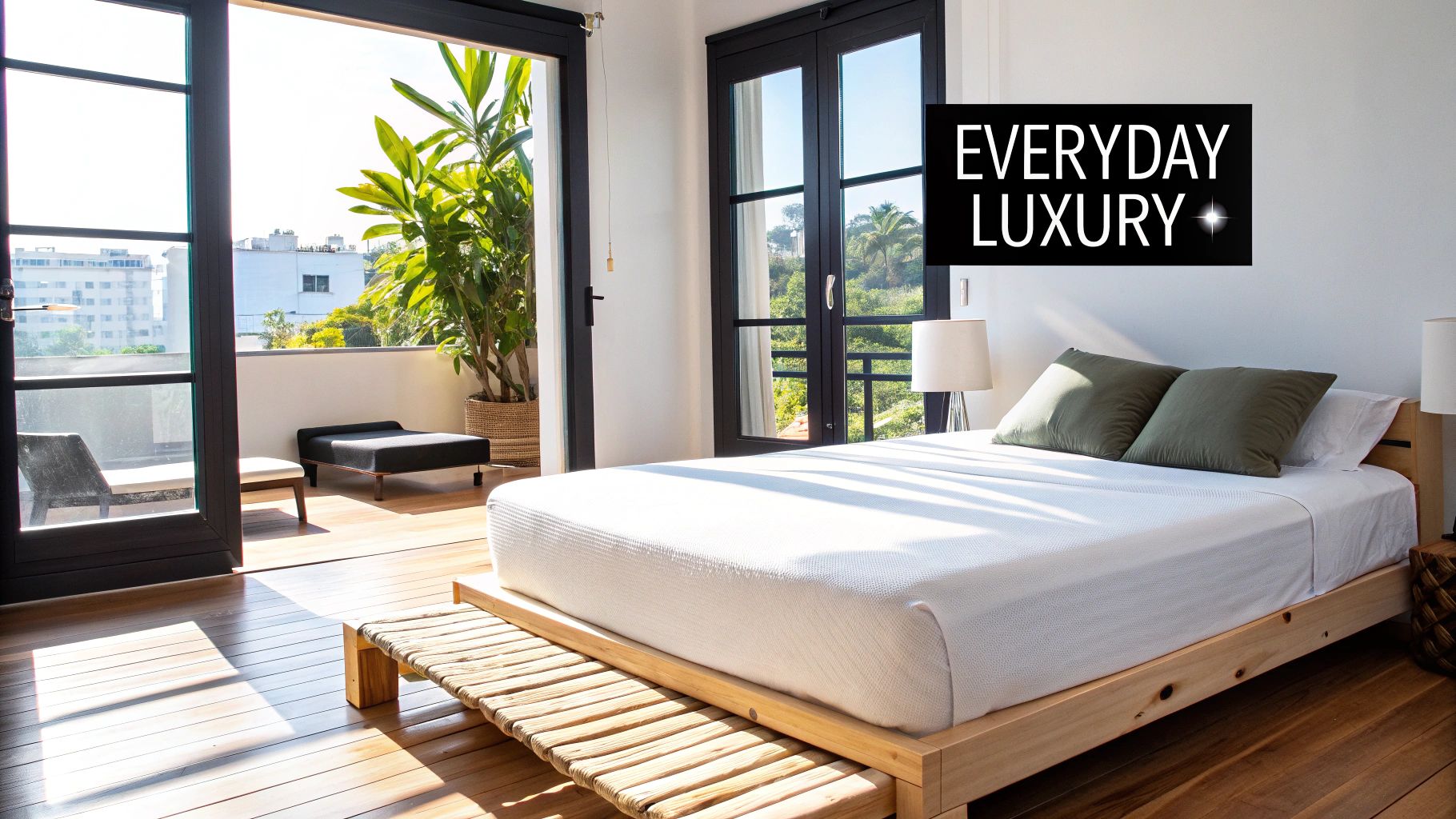 A beautifully made bed with soft, neutral-coloured bamboo sheets in a bright, modern New Zealand home