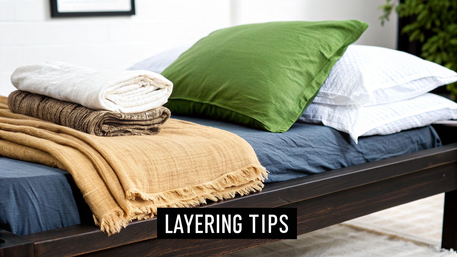 A neatly made bed with layered bedding, including a blue sheet, green pillow, white pillows, and stacked blankets in white, brown, and tan with fringe, with text overlay "LAYERING TIPS".