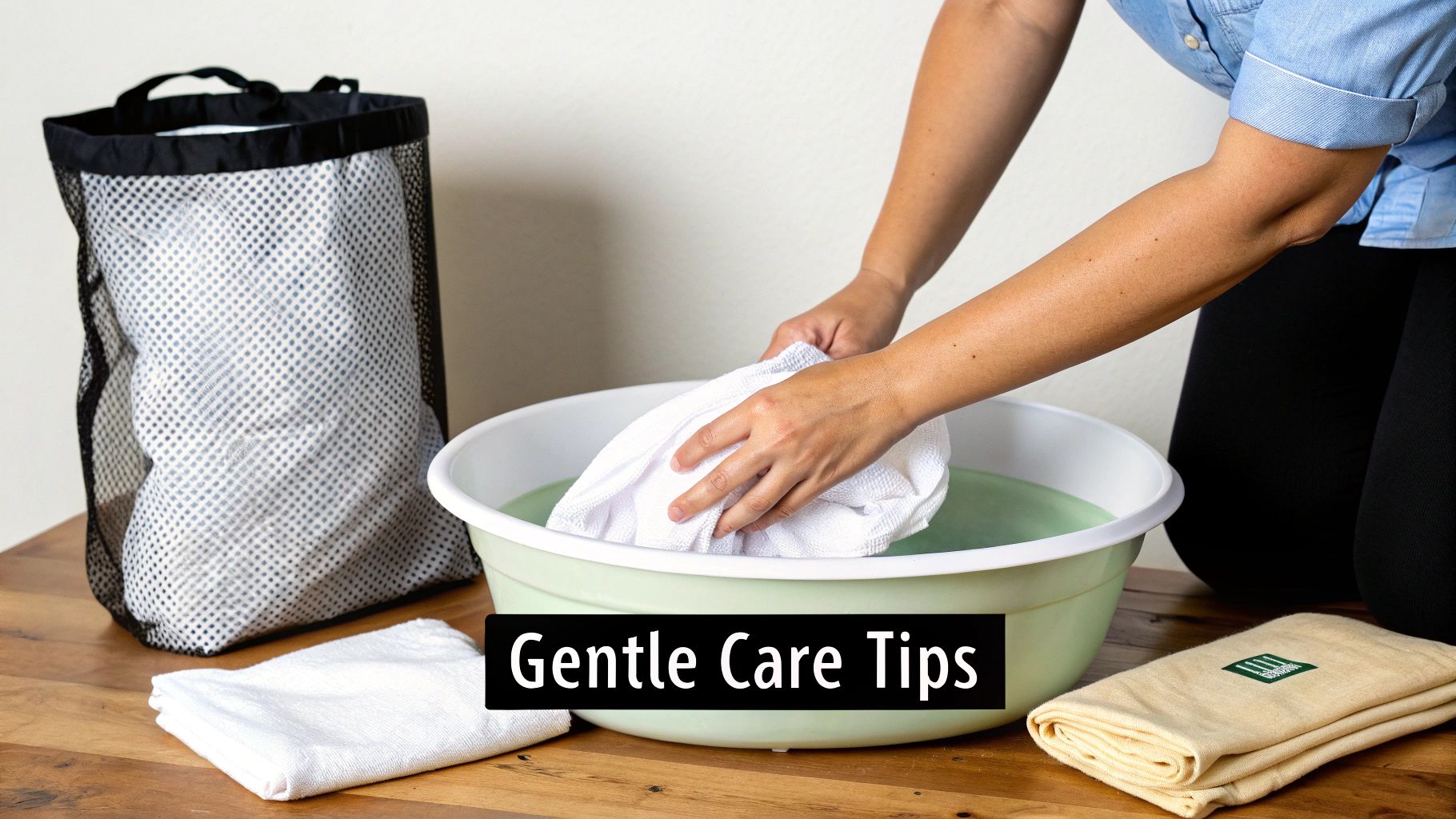 Person gently hand washing a silk pillowcase in a bowl