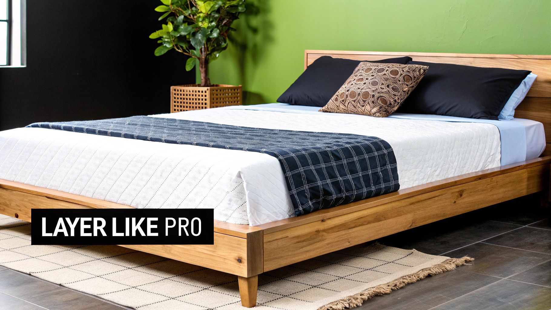 A stylish wooden bed showcasing expertly layered bedding with light blue fitted sheets and a plaid throw.