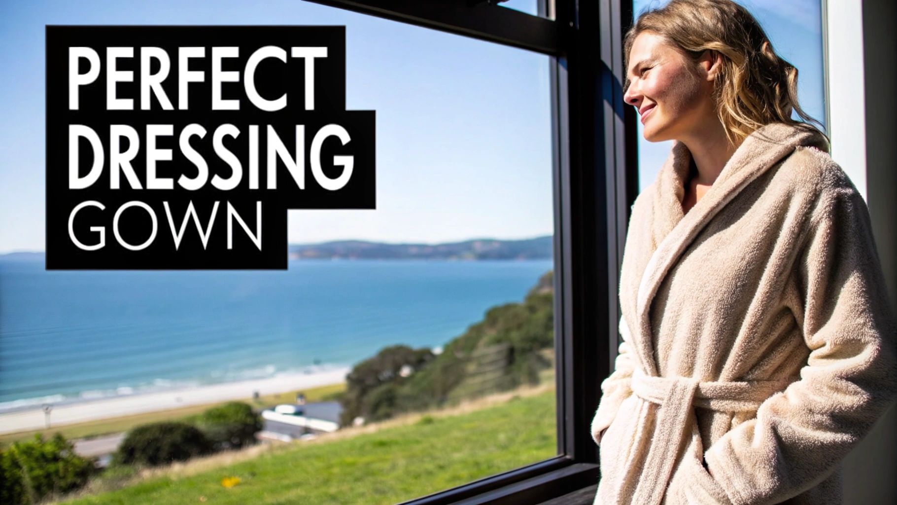 A smiling woman in a cozy beige dressing gown looks out a window at a beautiful coastal view.