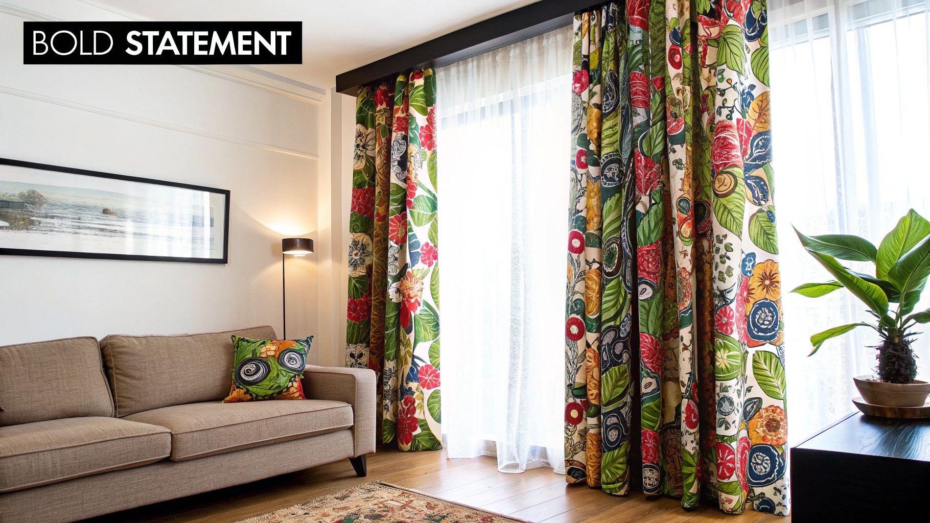A living room with bold, colourful patterned curtains that serve as a focal point.