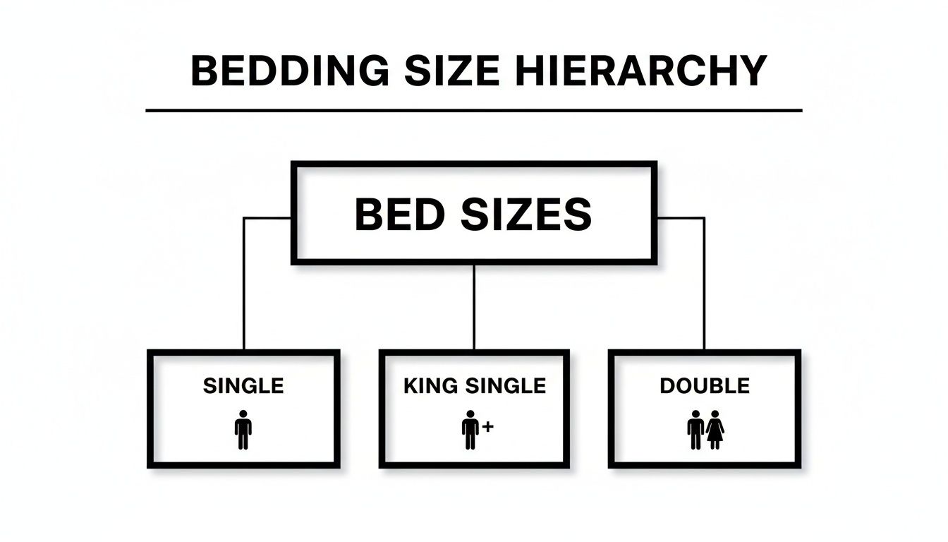 A hierarchy diagram illustrating bedding sizes, categorizing them into Single, King Single, and Double.