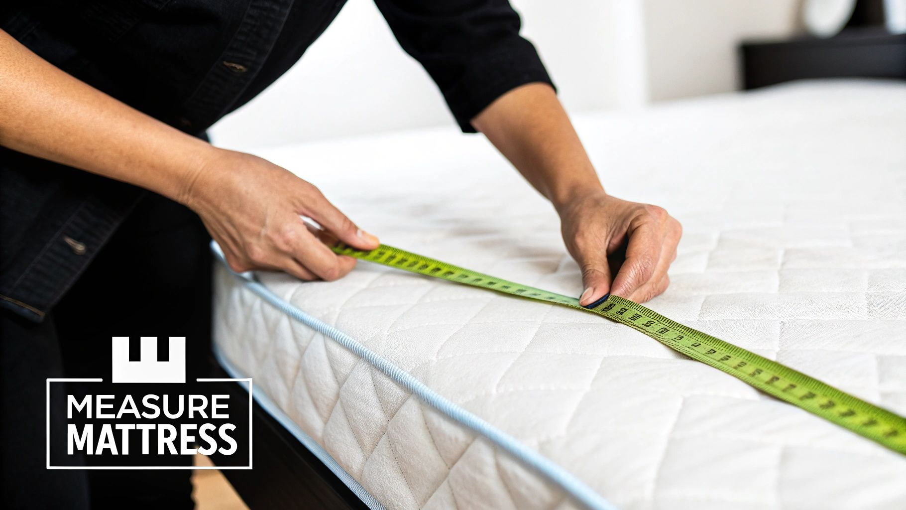 A person in a black jacket accurately measures a white mattress with a green tape measure.