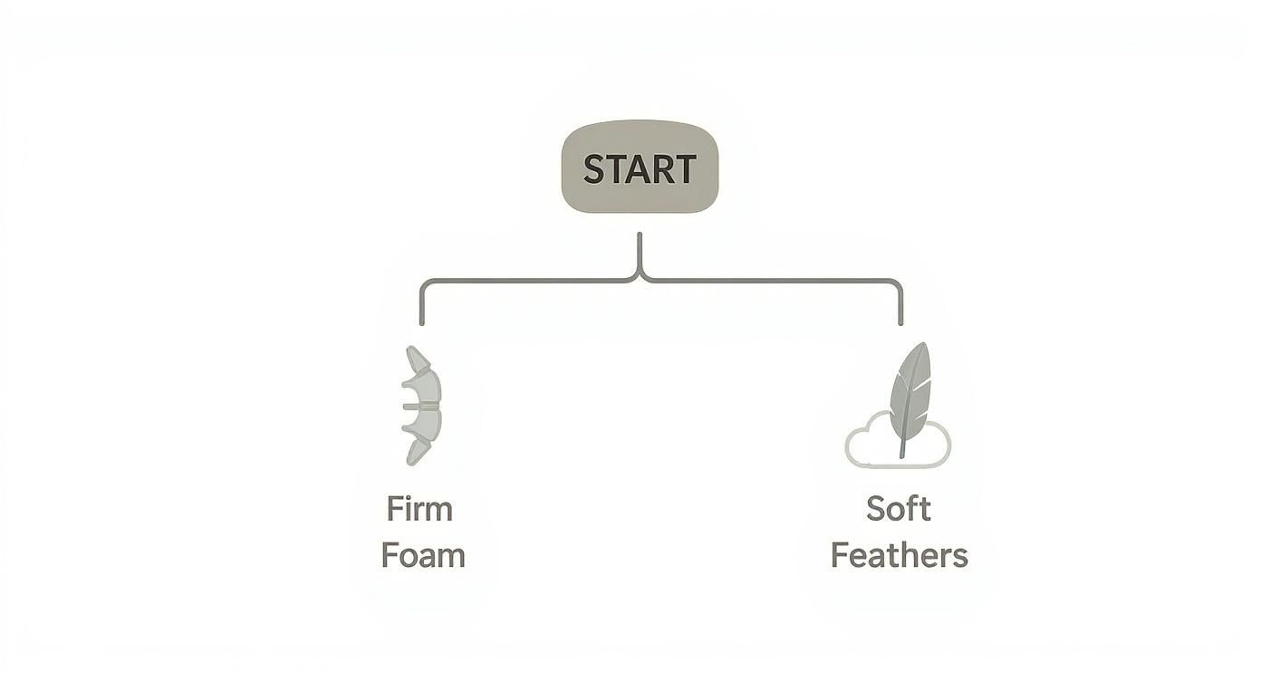 Decision tree diagram showing two pillow options: firm foam and soft feathers starting from top