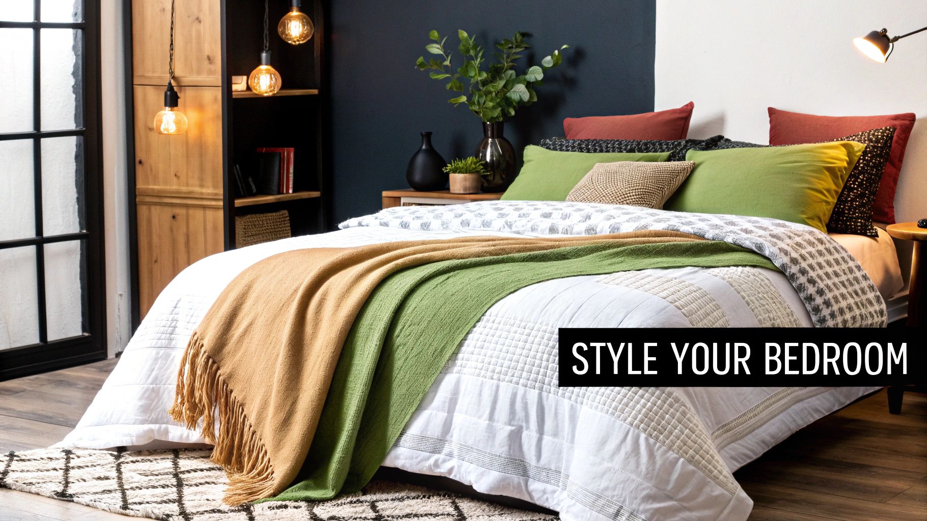 A beautifully styled bedroom with a plush cotton duvet cover as the centrepiece.