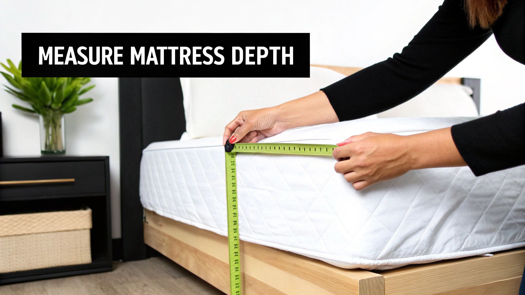 A person is measuring the depth of a white quilted mattress on a wooden bed frame with a green tape measure.