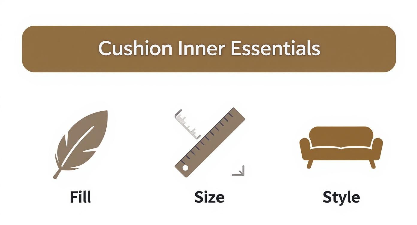 An infographic displaying 'Cushion Inner Essentials' including fill, size, and style icons.