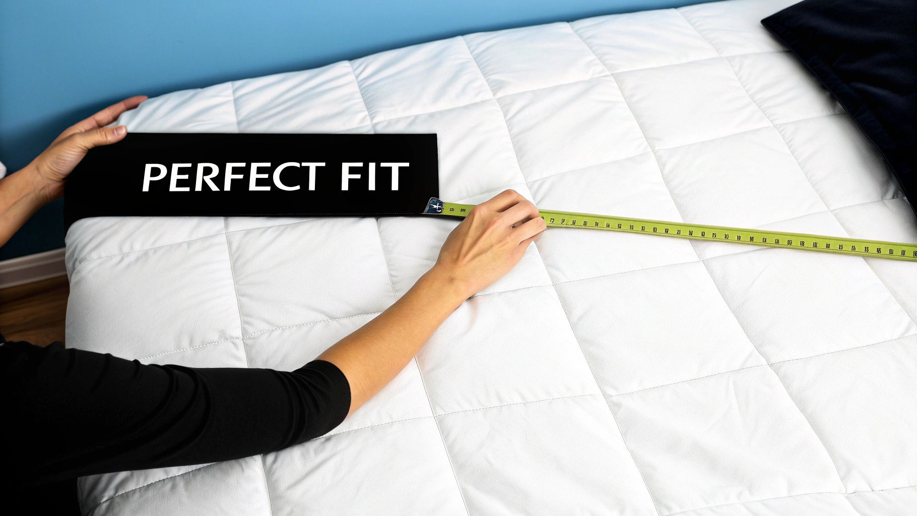 A neatly made bed with a measuring tape laid across it, showing the width of the duvet cover.