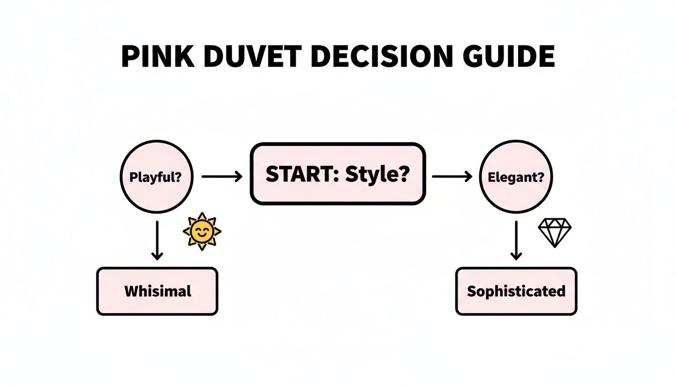 A pink duvet decision guide flowchart showing options for whimsical or sophisticated styles.