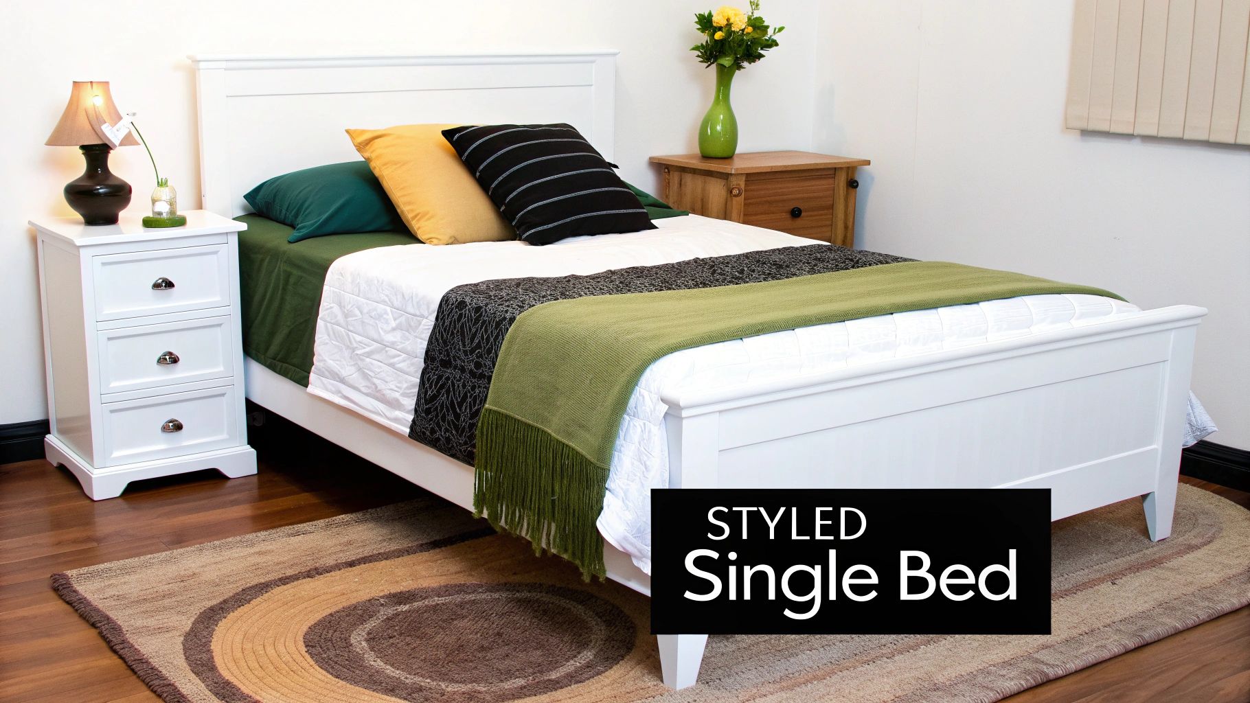 White single bed frame with green throw blanket, decorative pillows, and matching nightstands in modern bedroom