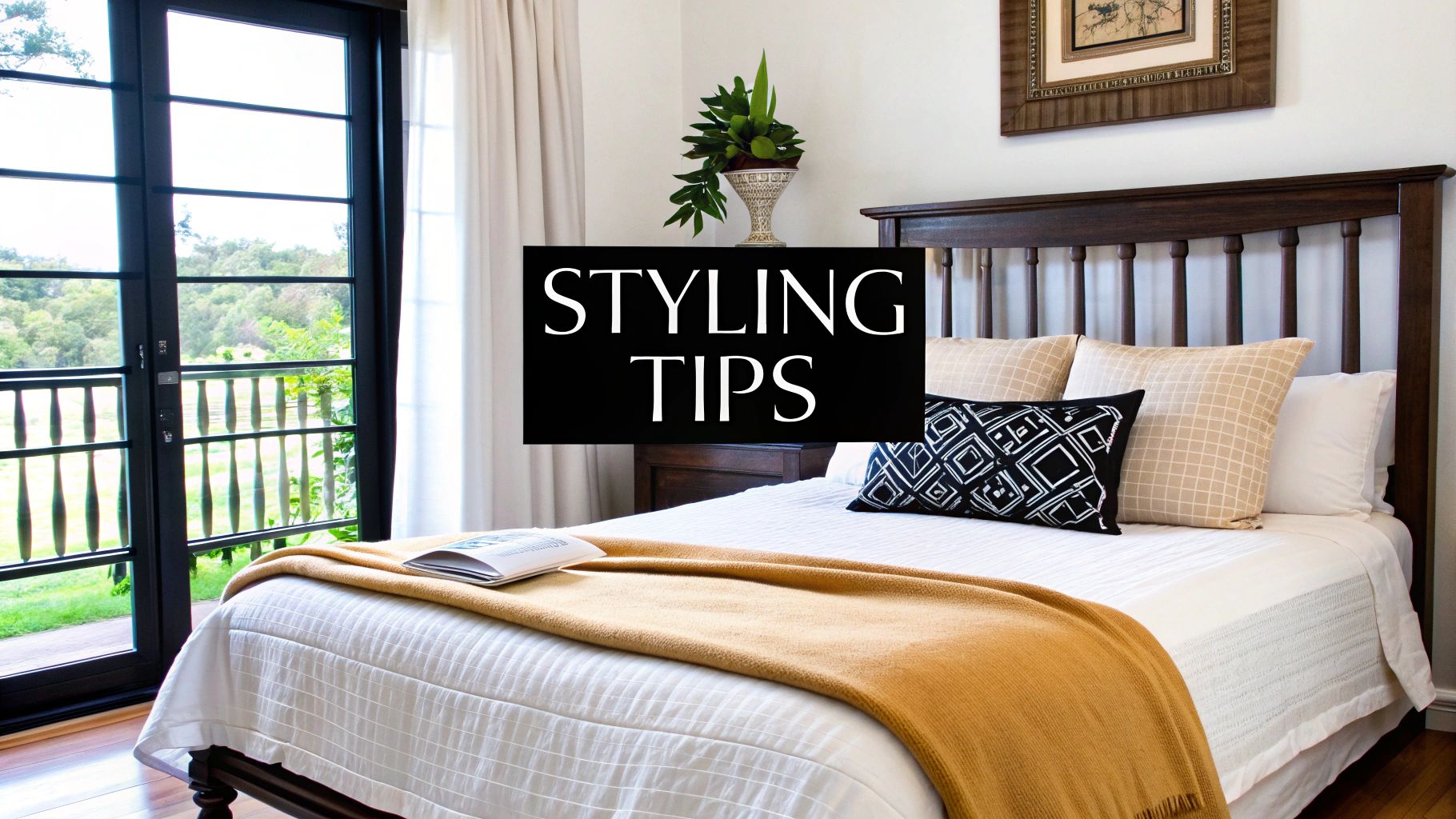 A stylish bedroom with a large bed, white bedding, and a window view, overlaid with 'STYLING TIPS'.