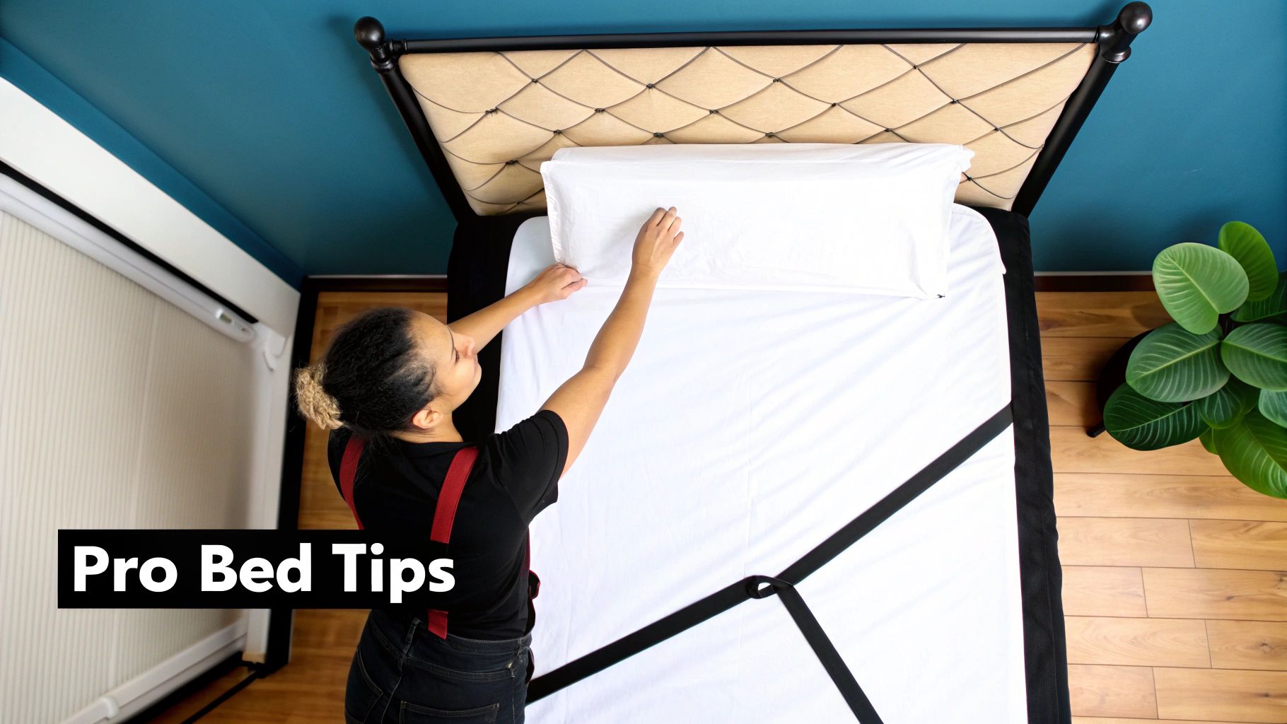 A person's hands neatly folding a crisp, clean fitted sheet on a wooden surface.