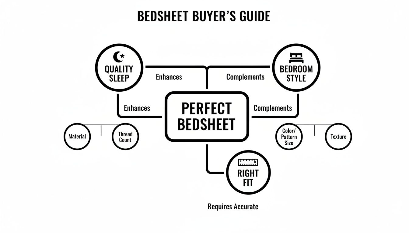 Flowchart illustrating a bedsheet buyer's guide, detailing factors for a perfect bedsheet including quality, style, and fit.
