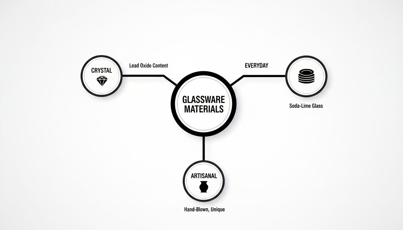 A diagram illustrating glassware materials, categorizing them into crystal, everyday, and artisanal types with their key characteristics.
