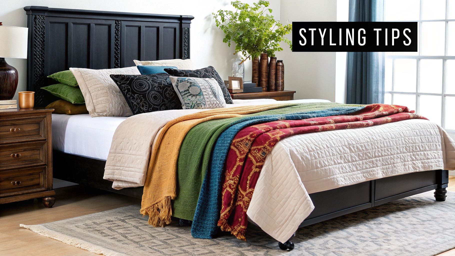 A beautifully styled queen bed with layered textures, including a throw blanket and various cushions, in a chic bedroom setting.