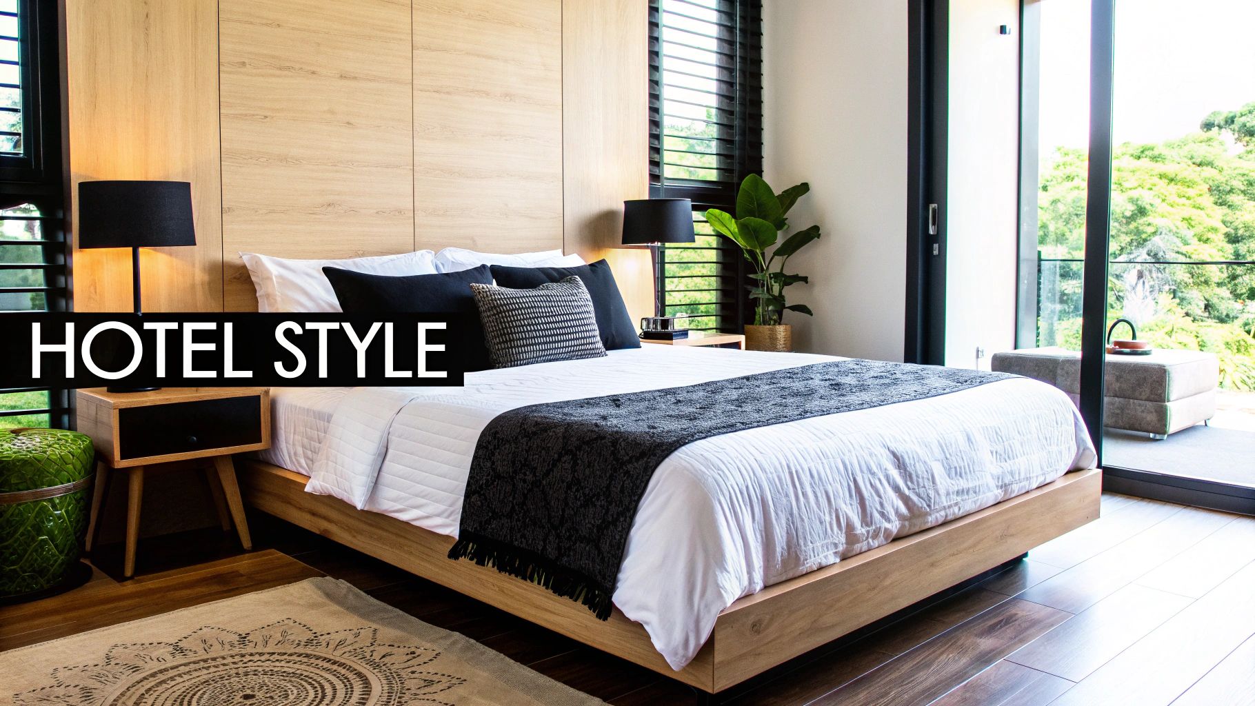 A beautifully layered bed with a queen size duvet cover, pillows, and a throw blanket.