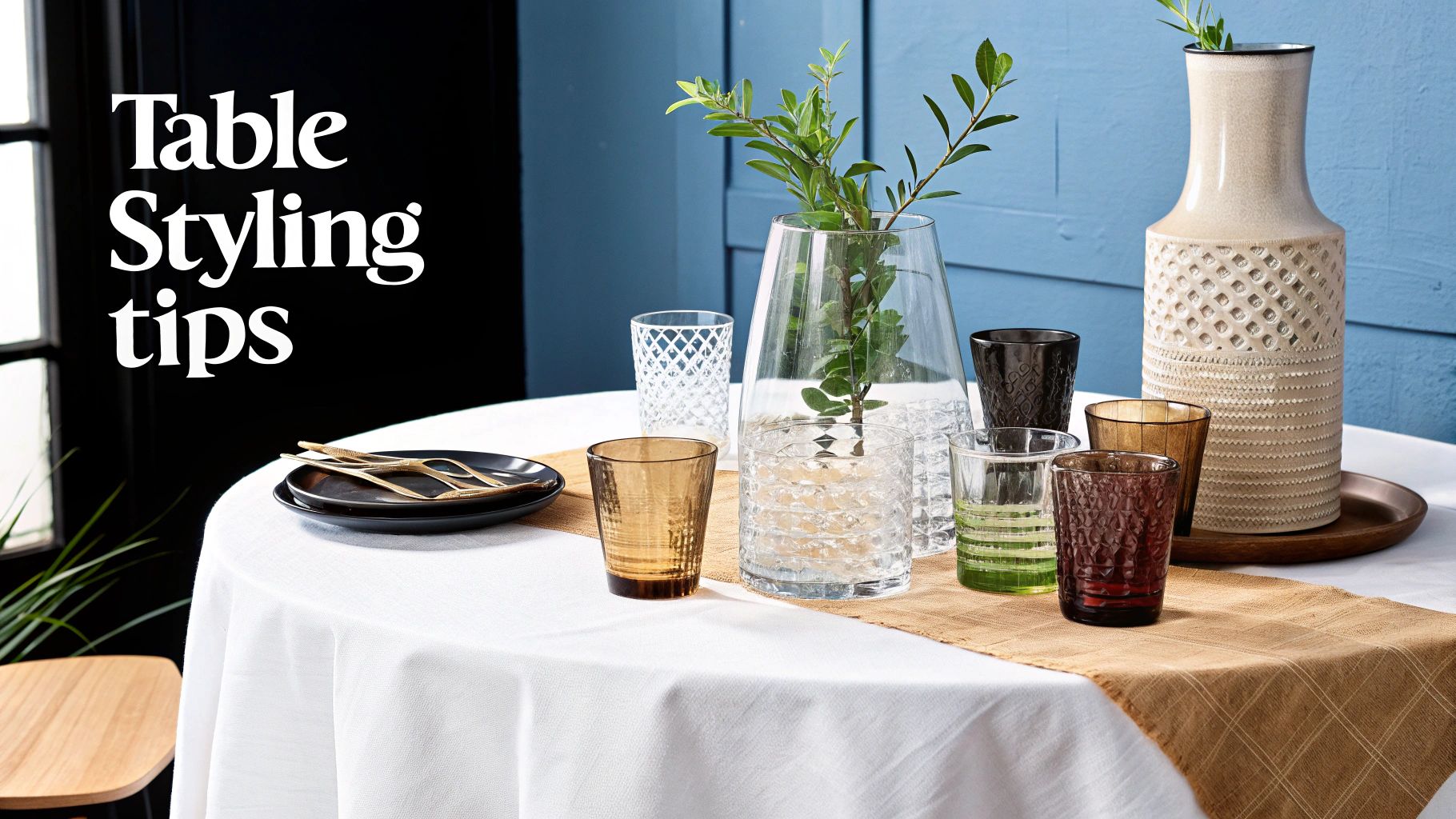 A styled table with various textured drinking glasses, a vase with greenery, and a tall ceramic vase.