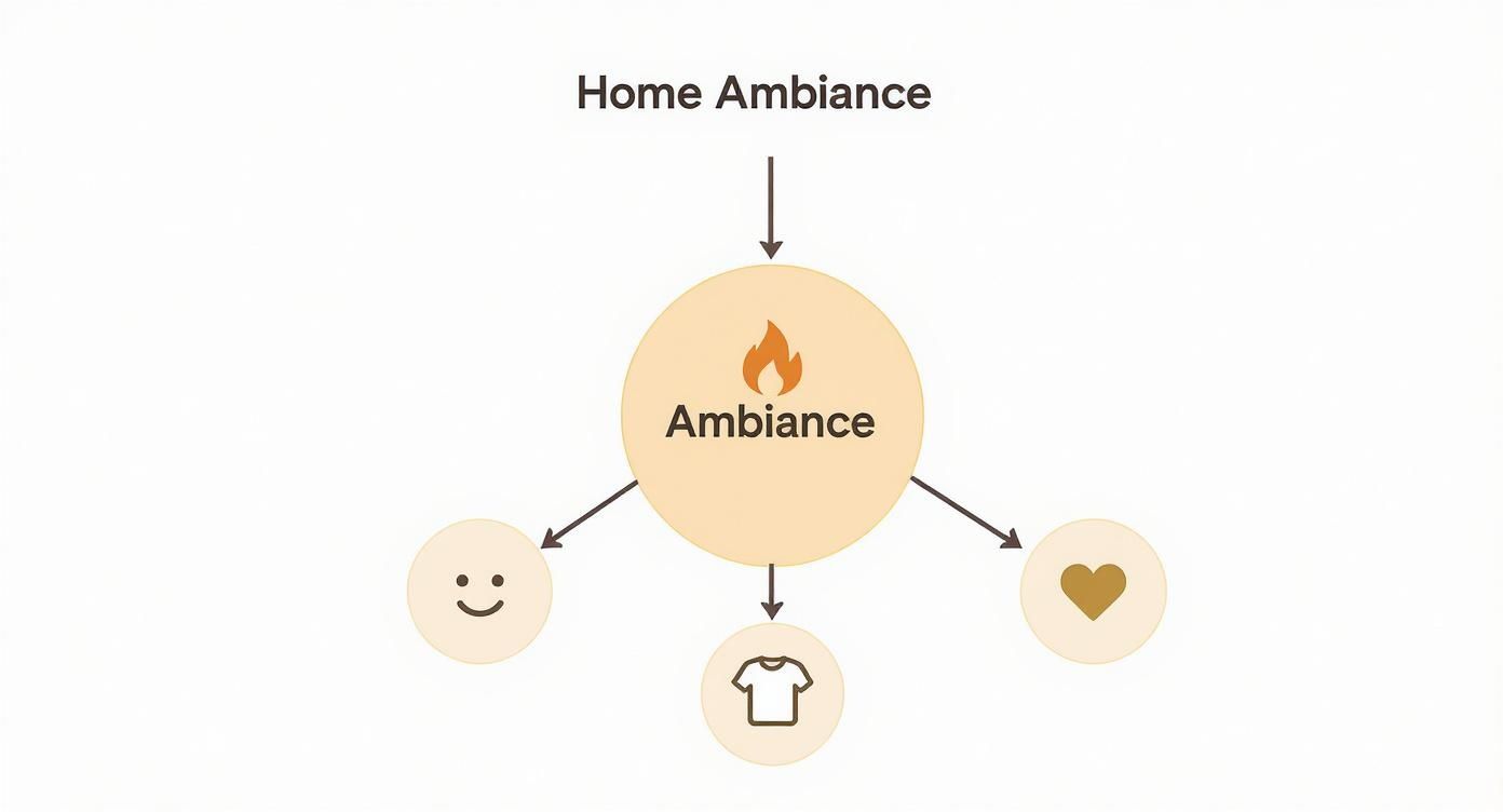A diagram illustrating 'Home Ambiance' flowing into 'Ambiance,' branching into concepts of happiness, comfort, and love.