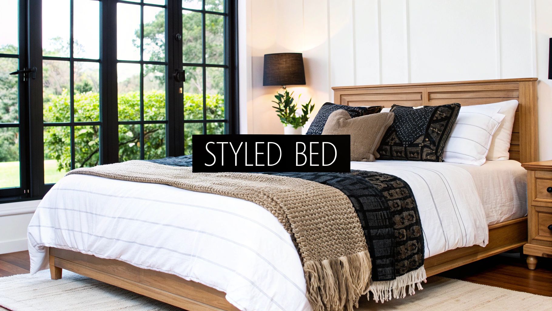 A beautifully styled super king bed with layered pillows and a throw blanket.