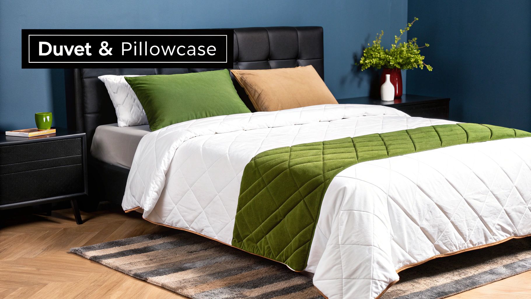 A neatly made bed with perfectly sized duvet and pillows