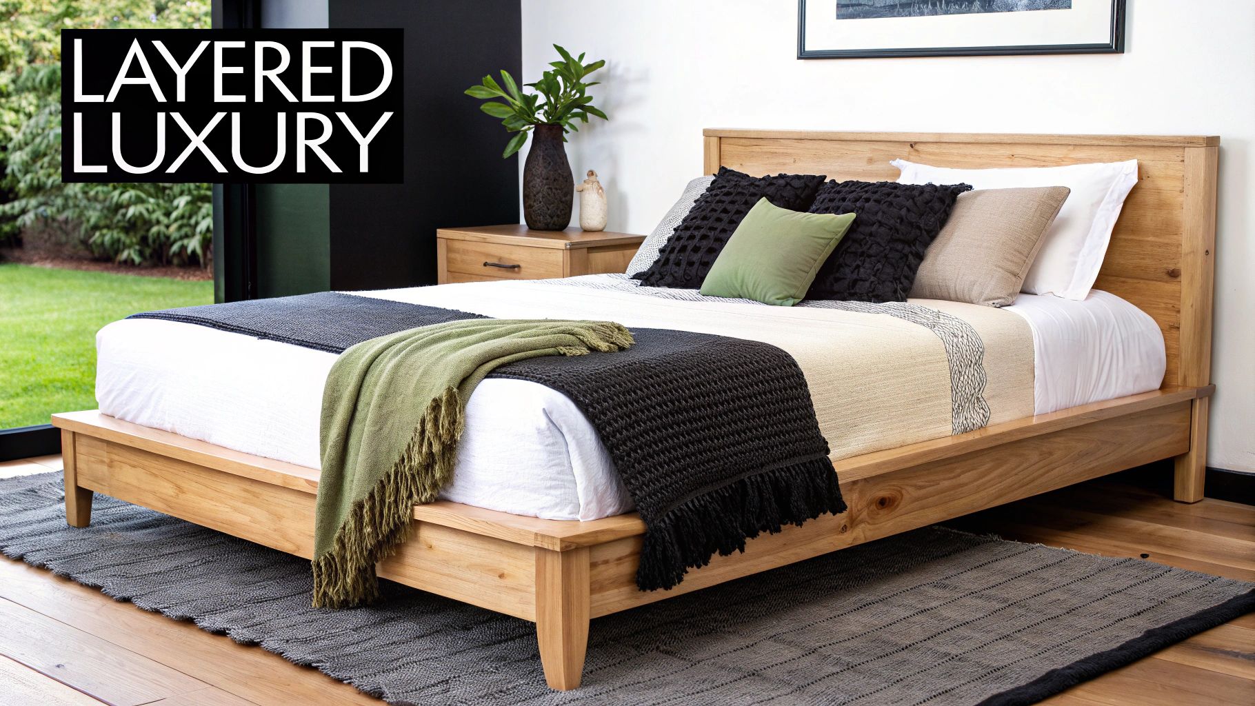 A cozy modern bedroom features a wooden bed, white bedding, black and green throws, and decorative pillows.