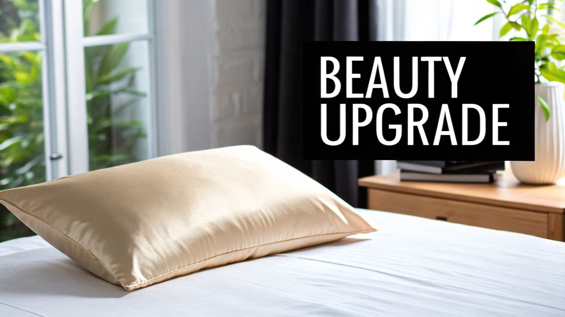 A luxurious golden silk pillowcase rests on a white bed in a bright, modern bedroom.